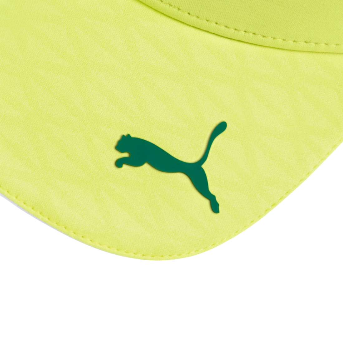 Close up of PUMA Aston Martin Alonso cap visor in lime green with dark green PUMA cat logo
