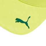 Close up of PUMA Aston Martin Alonso cap visor in lime green with dark green PUMA cat logo