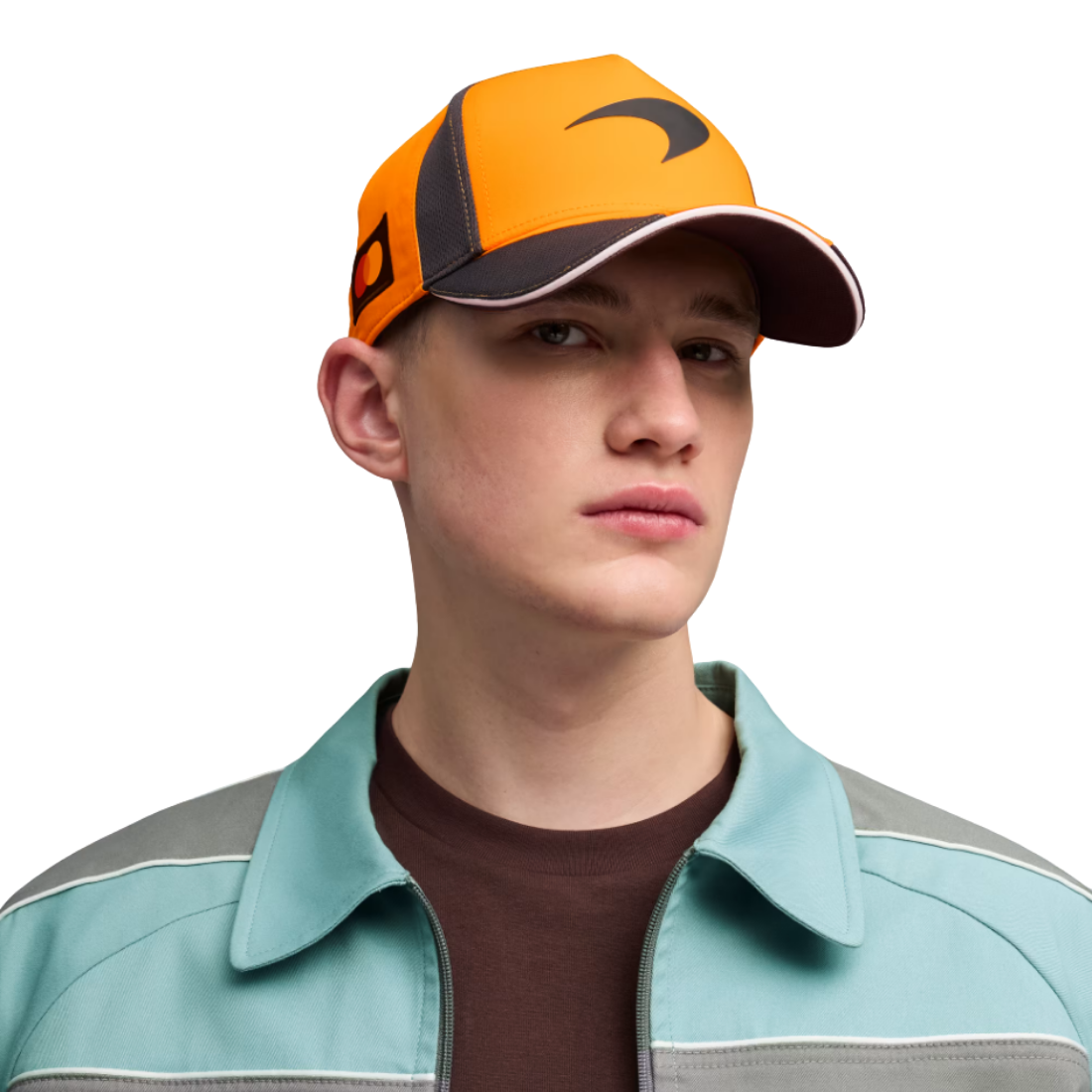 Man wearing a PUMA McLaren orange cap with dark grey accents