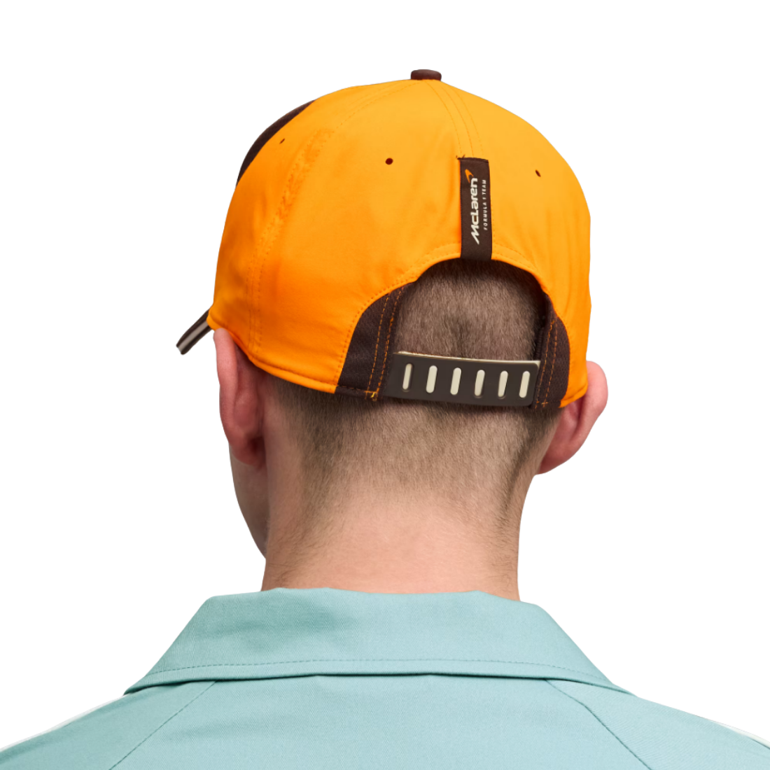 Back view of PUMA McLaren orange cap with adjustable strap and team branding
