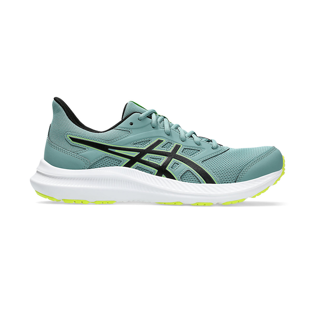 Teal running shoe with black and yellow accents on a white background