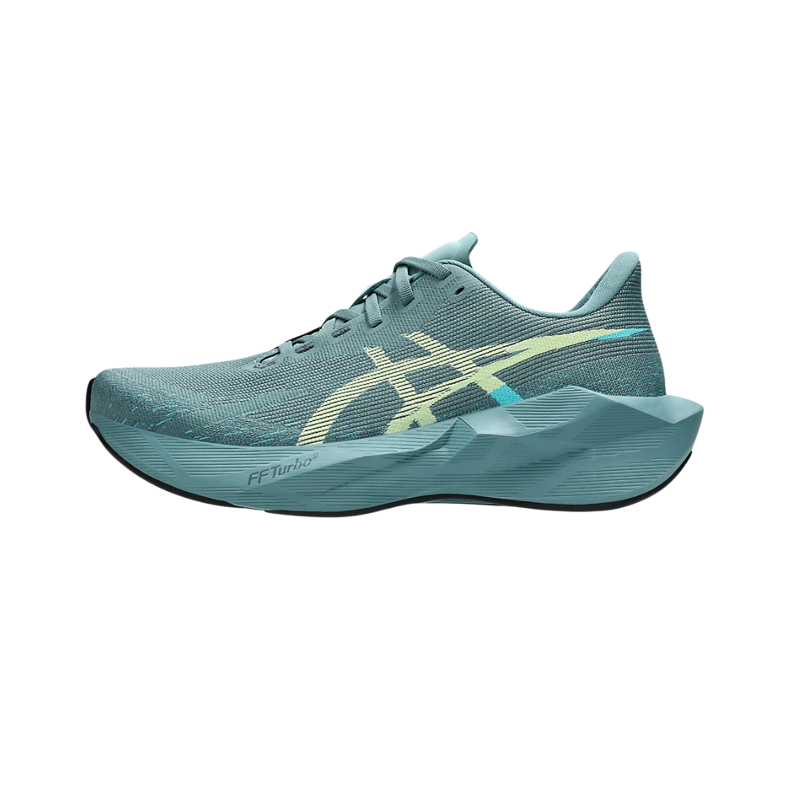 A single ASICS running shoe in a muted teal blue-green colorway, featuring a textured knit upper, a large sculpted foam midsole, and a light yellow/green ASICS logo on the side. The shoe is shown in profile against a solid white background.