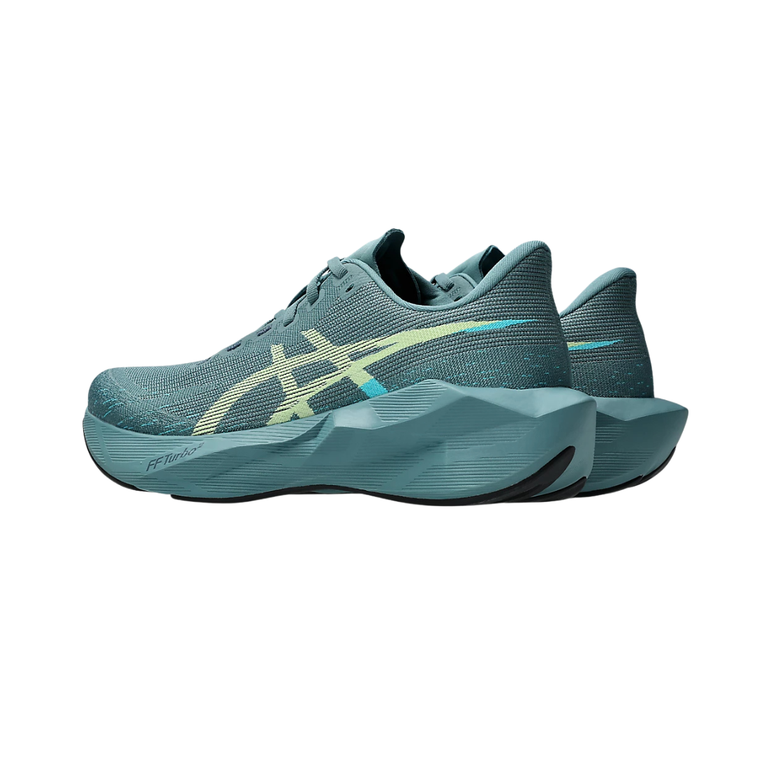 A pair of Asics running shoes in a muted teal blue-green colorway, featuring a textured knit upper, a light yellow/green ASICS logo, and a sculpted, layered midsole on a plain white background.