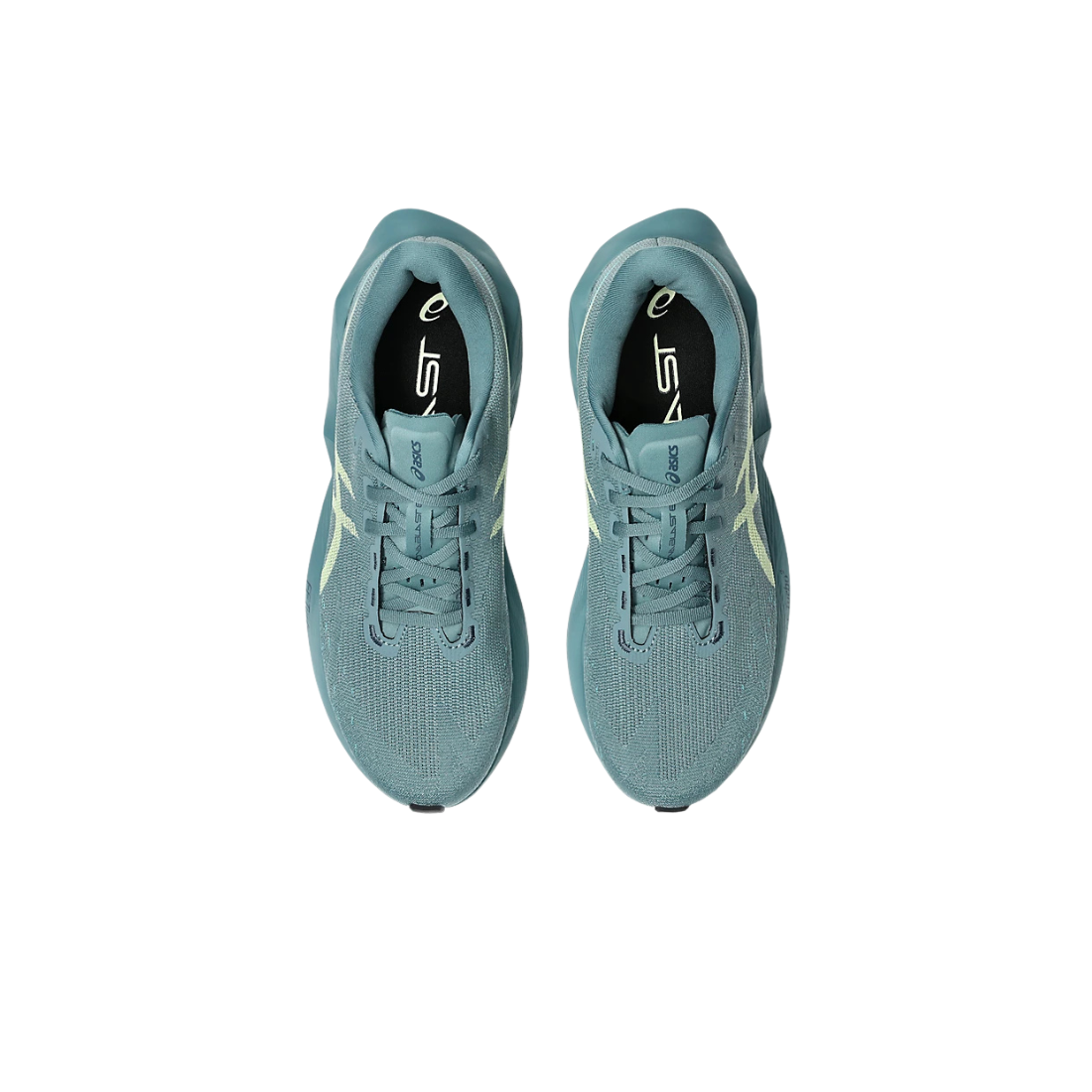 A pair of Asics running shoes in a dusty teal blue-green color, shown from a top-down view on a solid white background.