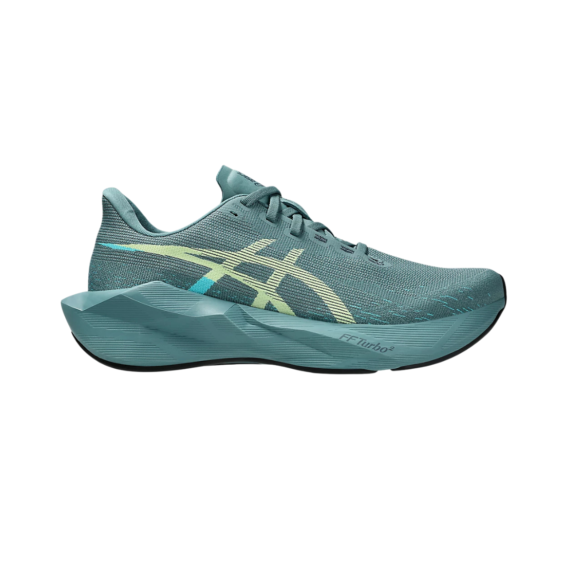 A single Asics running shoe in a muted teal-blue colorway, featuring a textured knit upper, a prominent sculpted midsole, and a light yellow and blue ASICS logo on the side, set against a plain white background.