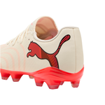 Puma soccer cleat in off-white with a red and black Puma cat logo on the side and a translucent red sole, shown against a white background.