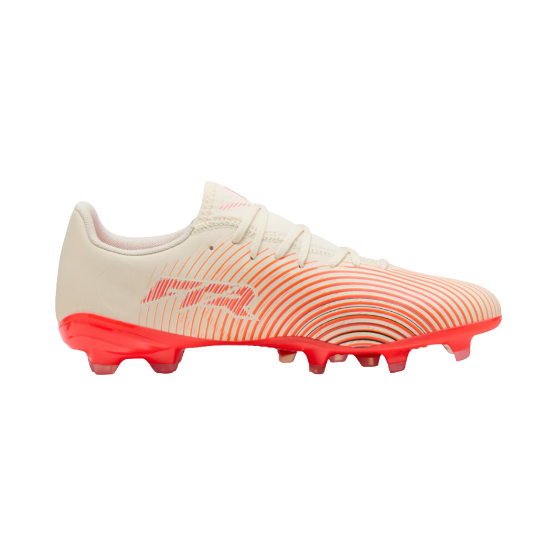 A single Adidas soccer cleat shown in profile against a solid white background. The shoe features a cream-colored upper with a pattern of thin orange stripes and a bright orange sole with matching orange logo details.