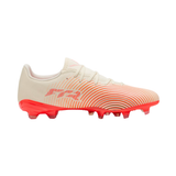 A single Adidas soccer cleat shown in profile against a solid white background. The shoe features a cream-colored upper with a pattern of thin orange stripes and a bright orange sole with matching orange logo details.
