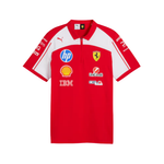 A red and white Scuderia Ferrari short-sleeve polo shirt by Puma, featuring sponsor logos including HP, Shell, IBM, and Unilead on the front, displayed against a solid white background.