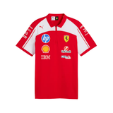 A red and white Scuderia Ferrari short-sleeve polo shirt by Puma, featuring sponsor logos including HP, Shell, IBM, and Unilead on the front, displayed against a solid white background.