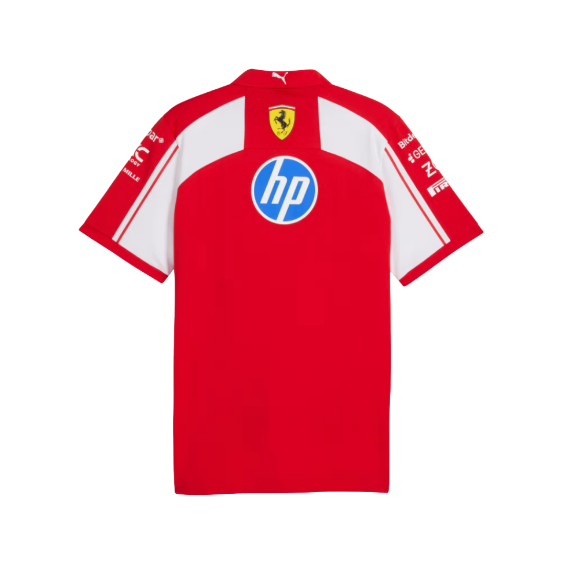 A red and white short-sleeve Scuderia Ferrari T-shirt with the HP logo on the chest, displayed on a clean white background.