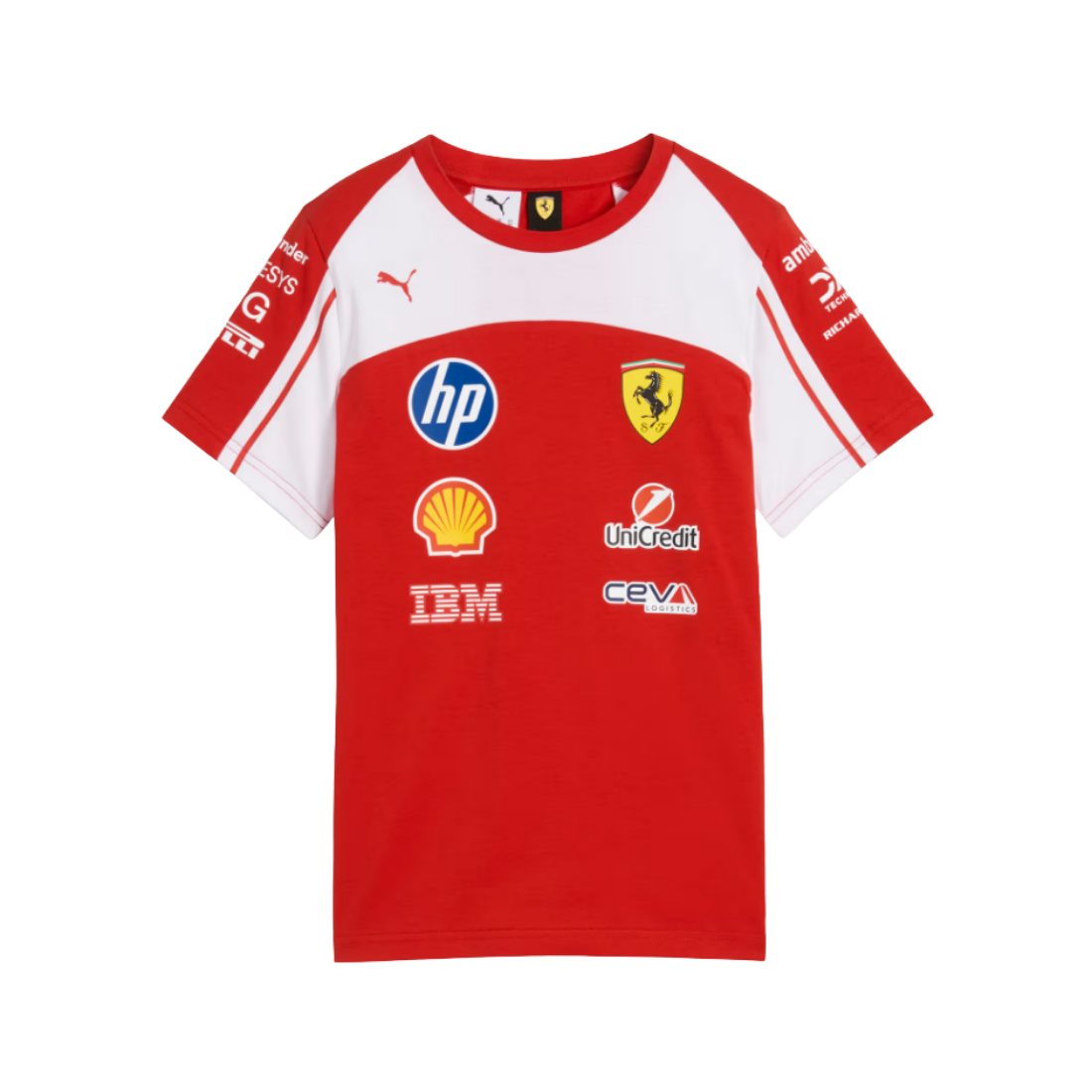 PUMA Scuderia Ferrari junior replica jersey in red with sponsor logos and white sleeve accents