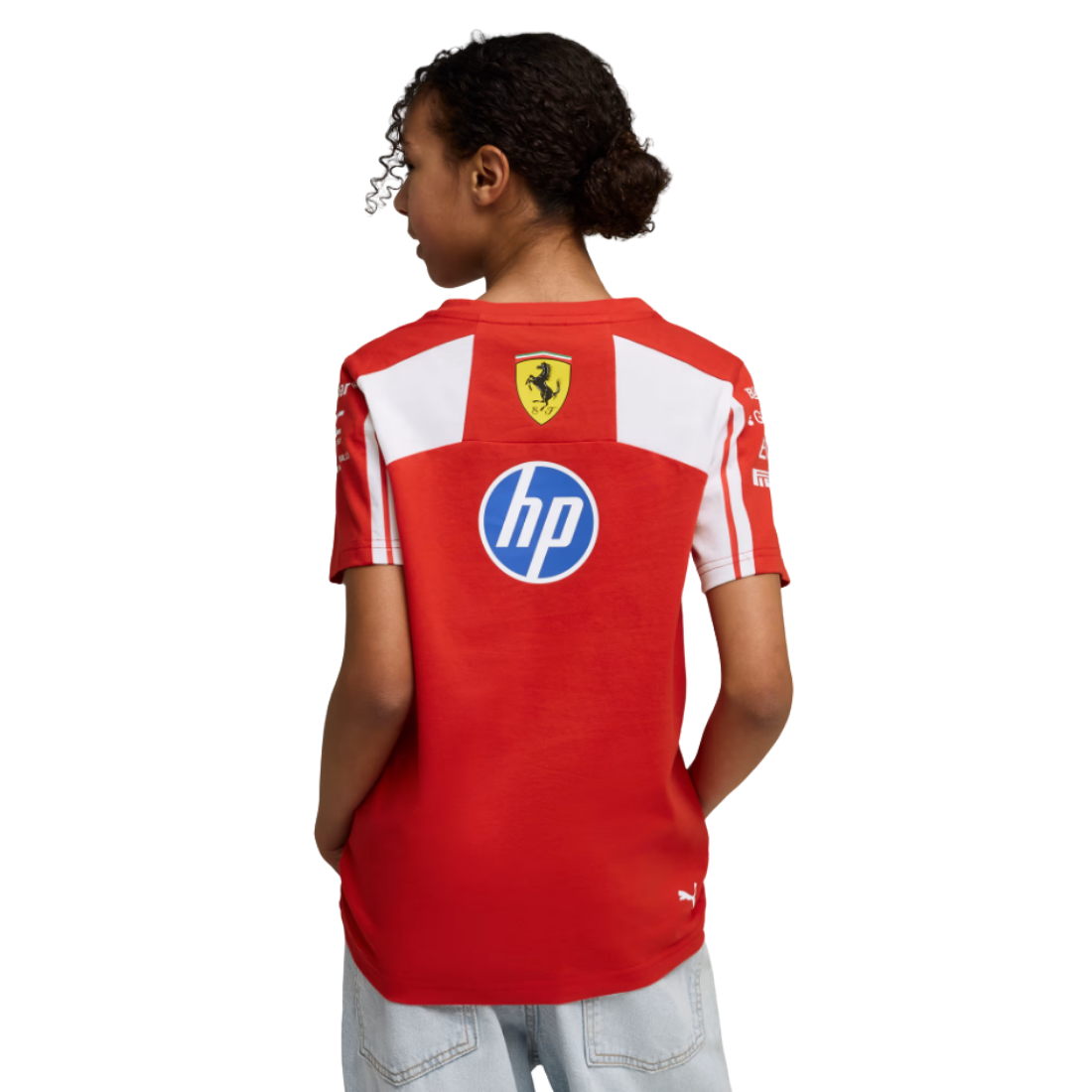 Back view of PUMA Scuderia Ferrari Tee Jr B Replica Jersey in red with sponsor logos