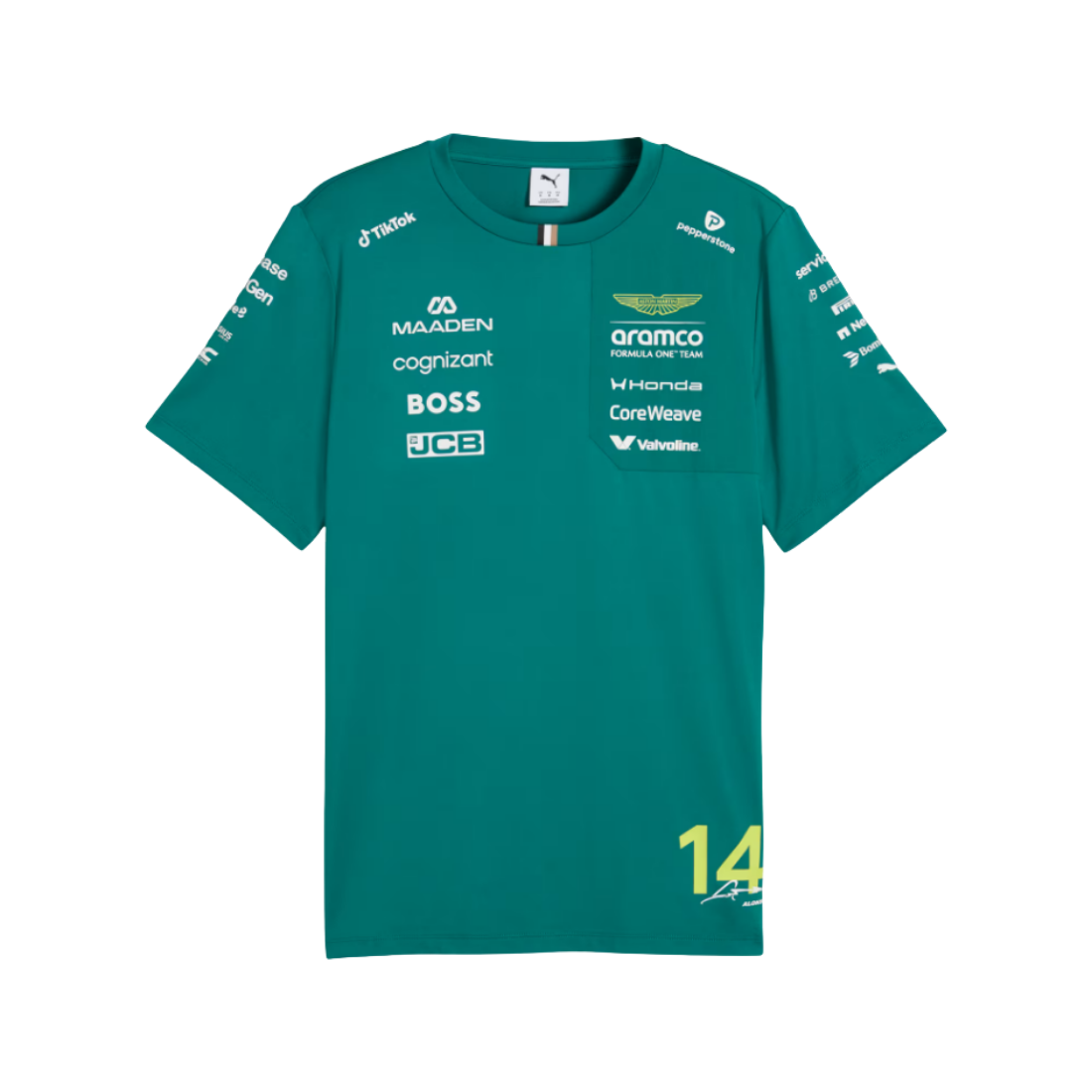 PUMA Aston Martin Alonso replica jersey in green with team sponsor logos and number 14