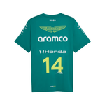 Back view of PUMA Aston Martin Alonso replica jersey in green with sponsor logos and number 14