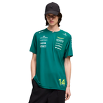 Model wearing a green PUMA Aston Martin Alonso replica jersey with sponsor logos and number 14