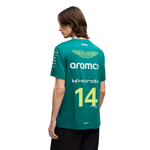 Back view of PUMA Aston Martin Alonso replica jersey in green with sponsor logos and number 14