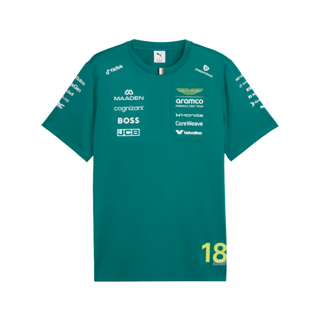 PUMA Aston Martin Stroll replica jersey in green with team sponsor logos and number 18