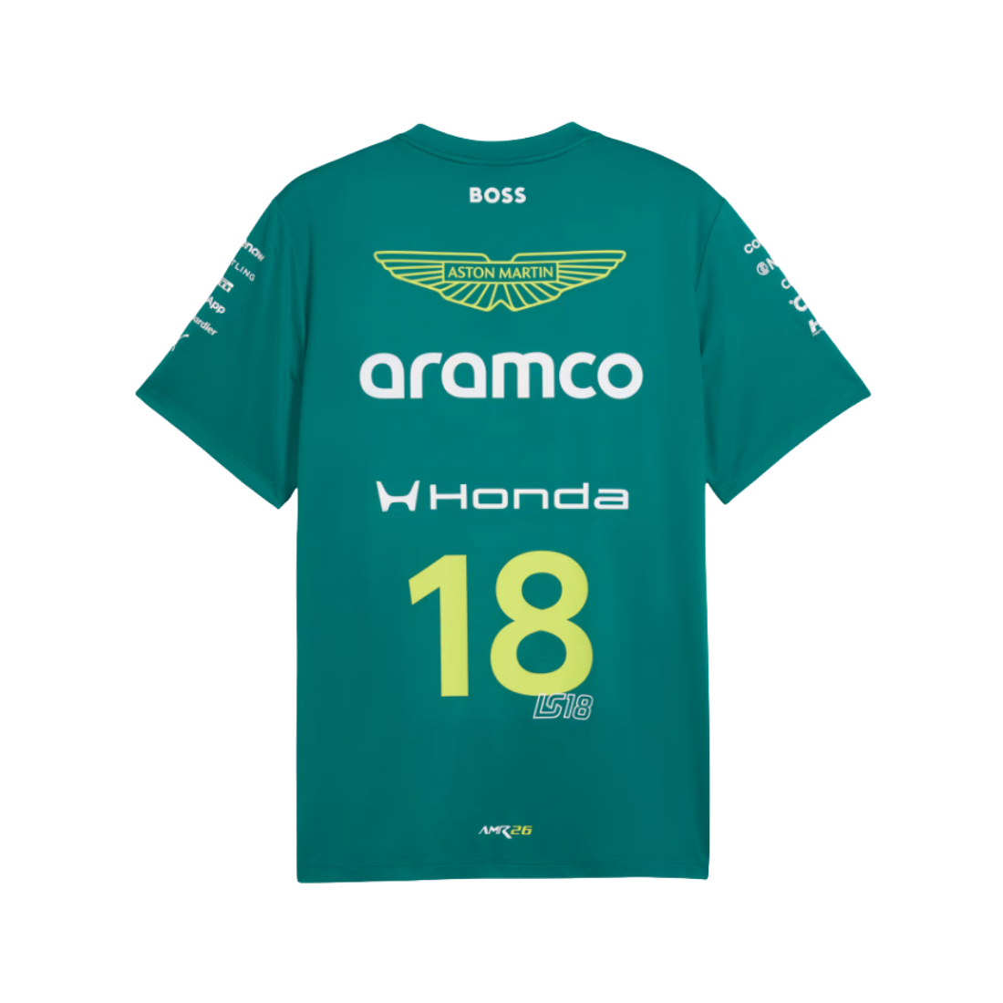 Back view of PUMA Aston Martin Stroll replica jersey in green with sponsor logos and number 18