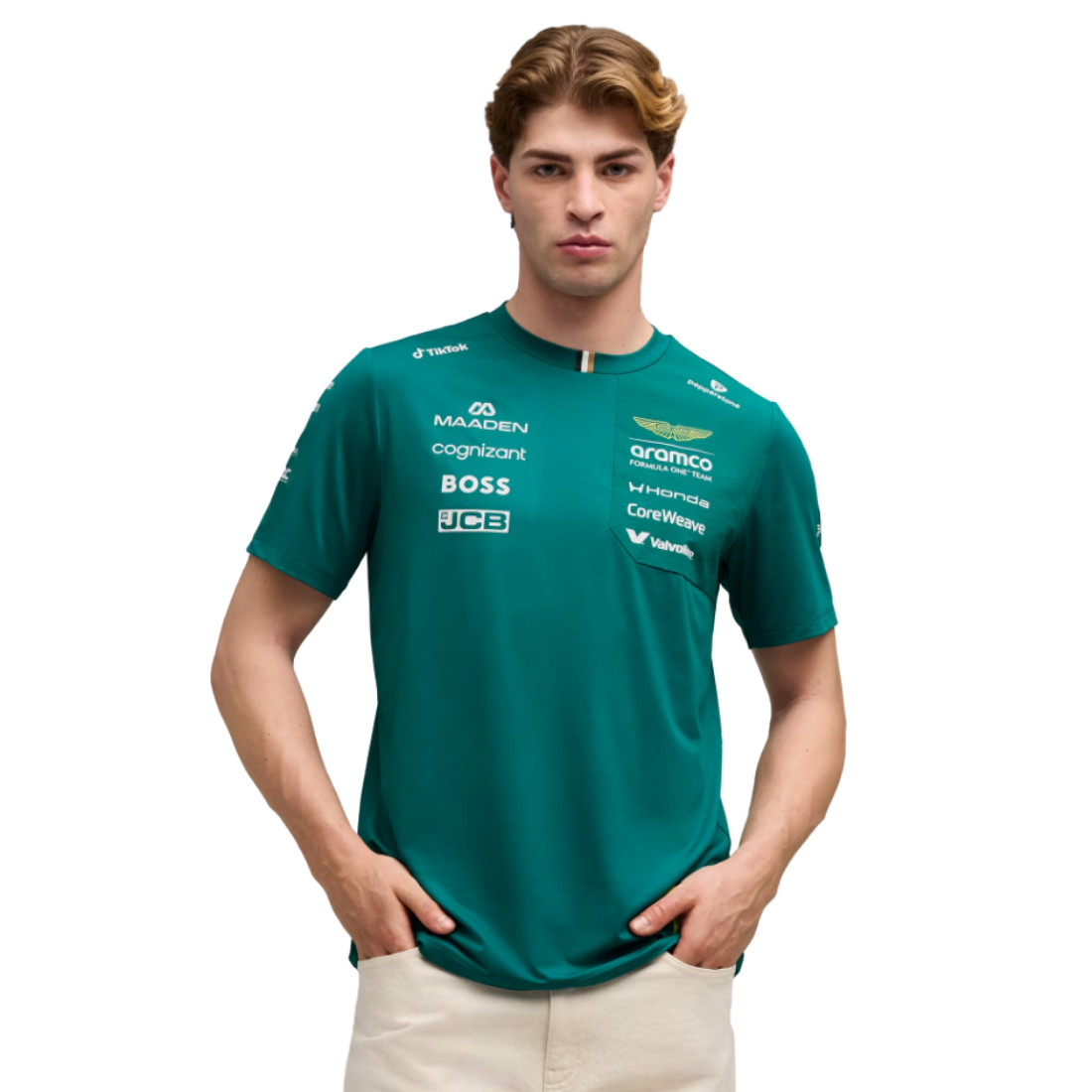 Man wearing green PUMA Aston Martin Stroll replica jersey with team sponsor logos