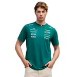 Man wearing green PUMA Aston Martin Stroll replica jersey with team sponsor logos