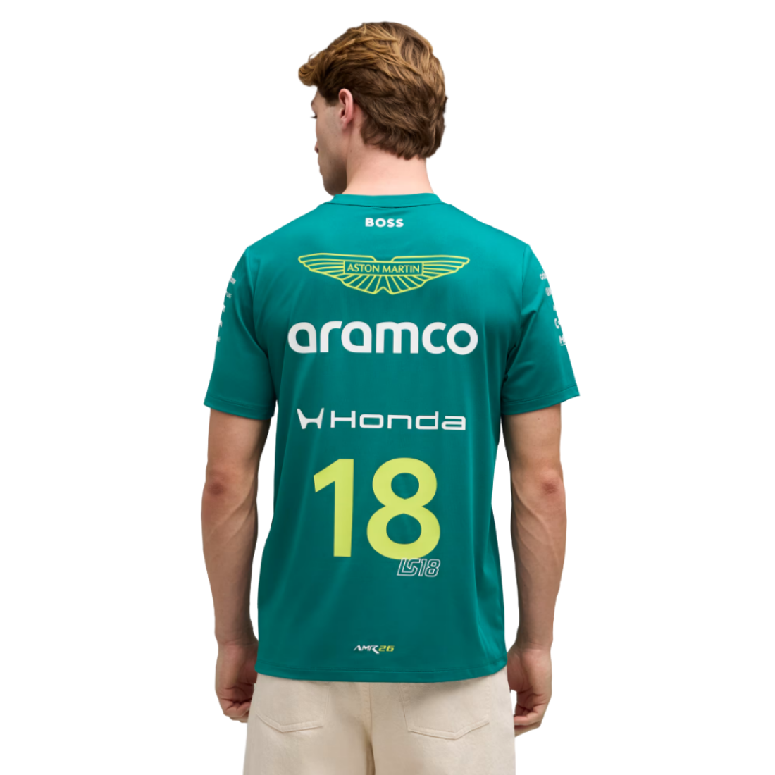 Back view of PUMA Aston Martin Stroll replica jersey in green with team sponsor logos and number 18