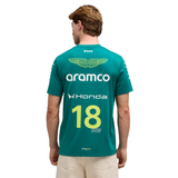 Back view of PUMA Aston Martin Stroll replica jersey in green with team sponsor logos and number 18