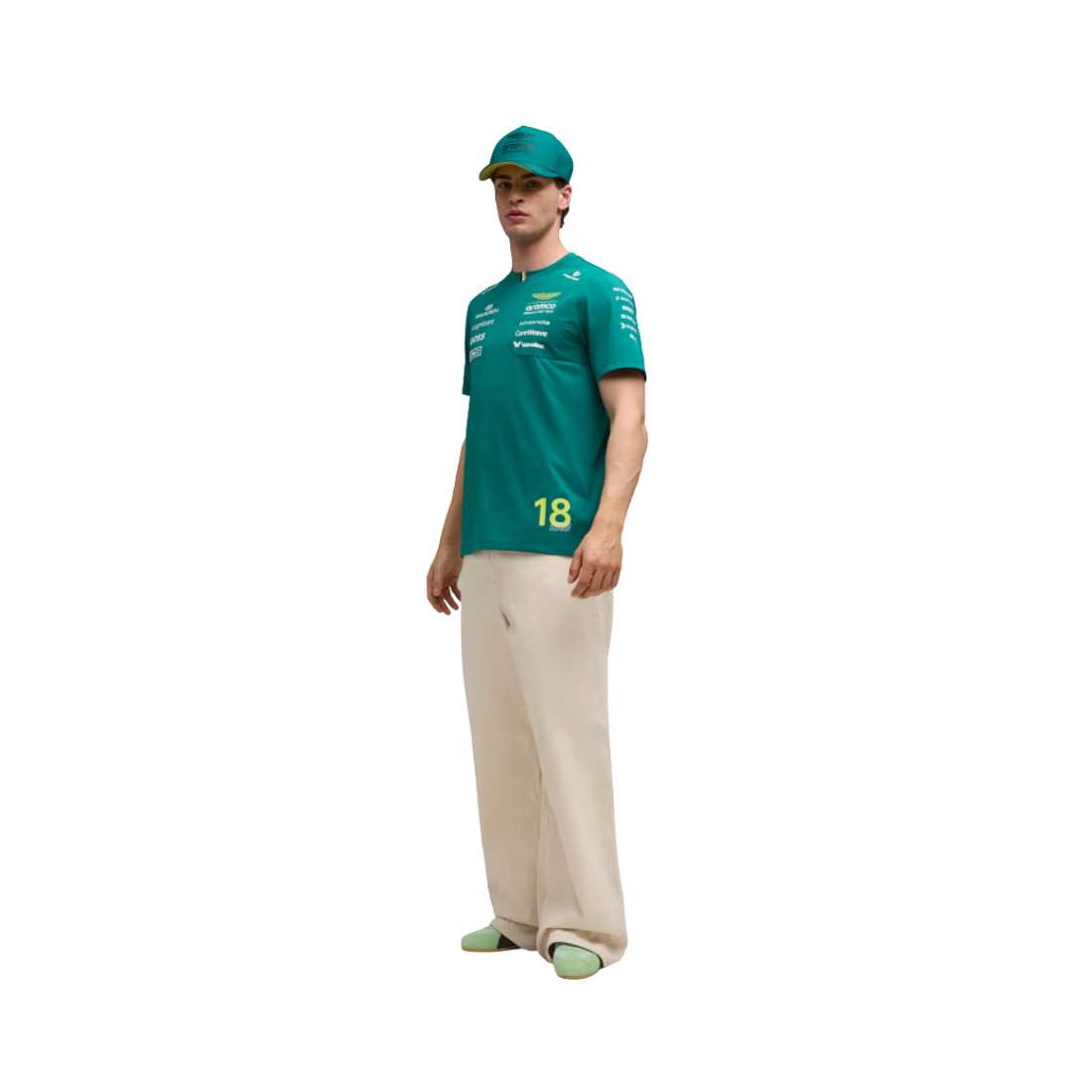 Man wearing PUMA Aston Martin Stroll replica jersey in green with number 18 and matching cap