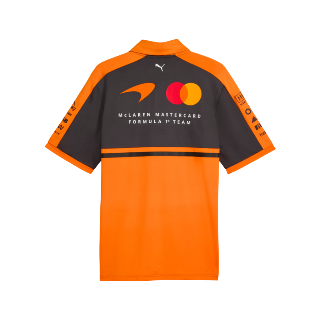 Back view of PUMA McLaren Formula 1 Team replica polo jersey in orange and grey with sponsor logos
