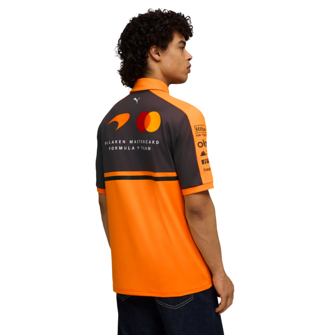 Back view of PUMA McLaren Polo Men Replica Jersey in orange and grey with team sponsor logos