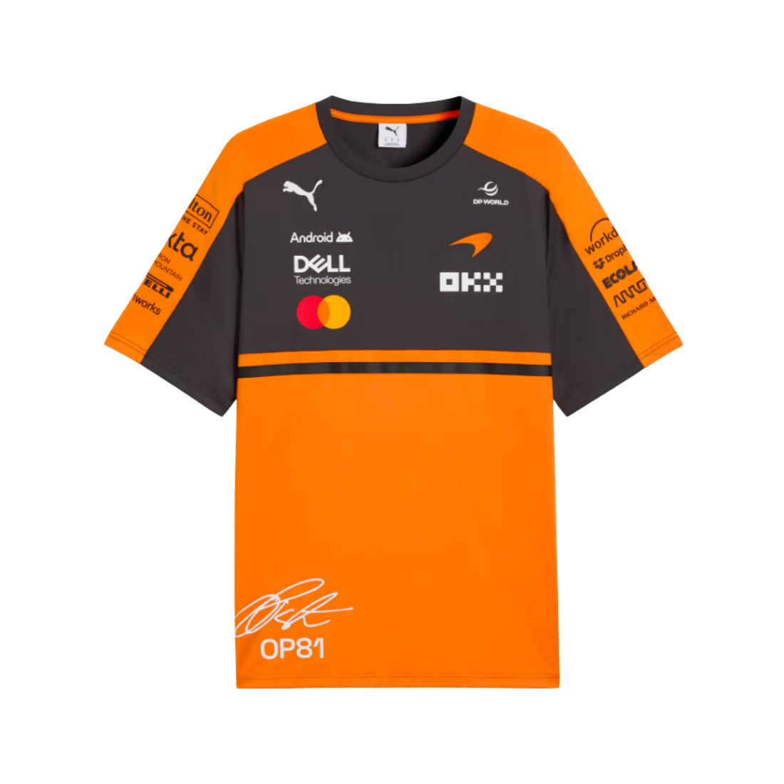 PUMA McLaren Piastri replica jersey in orange and grey with team sponsor logos and driver signature