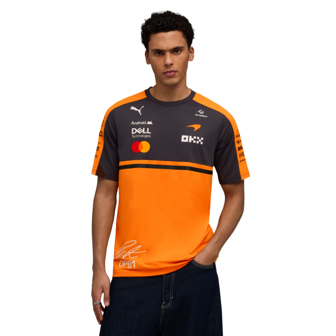 PUMA McLaren Piastri replica jersey in orange and grey with sponsor logos and driver signature