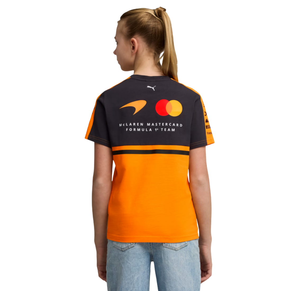 Back view of PUMA McLaren Formula 1 team replica jersey in orange and black