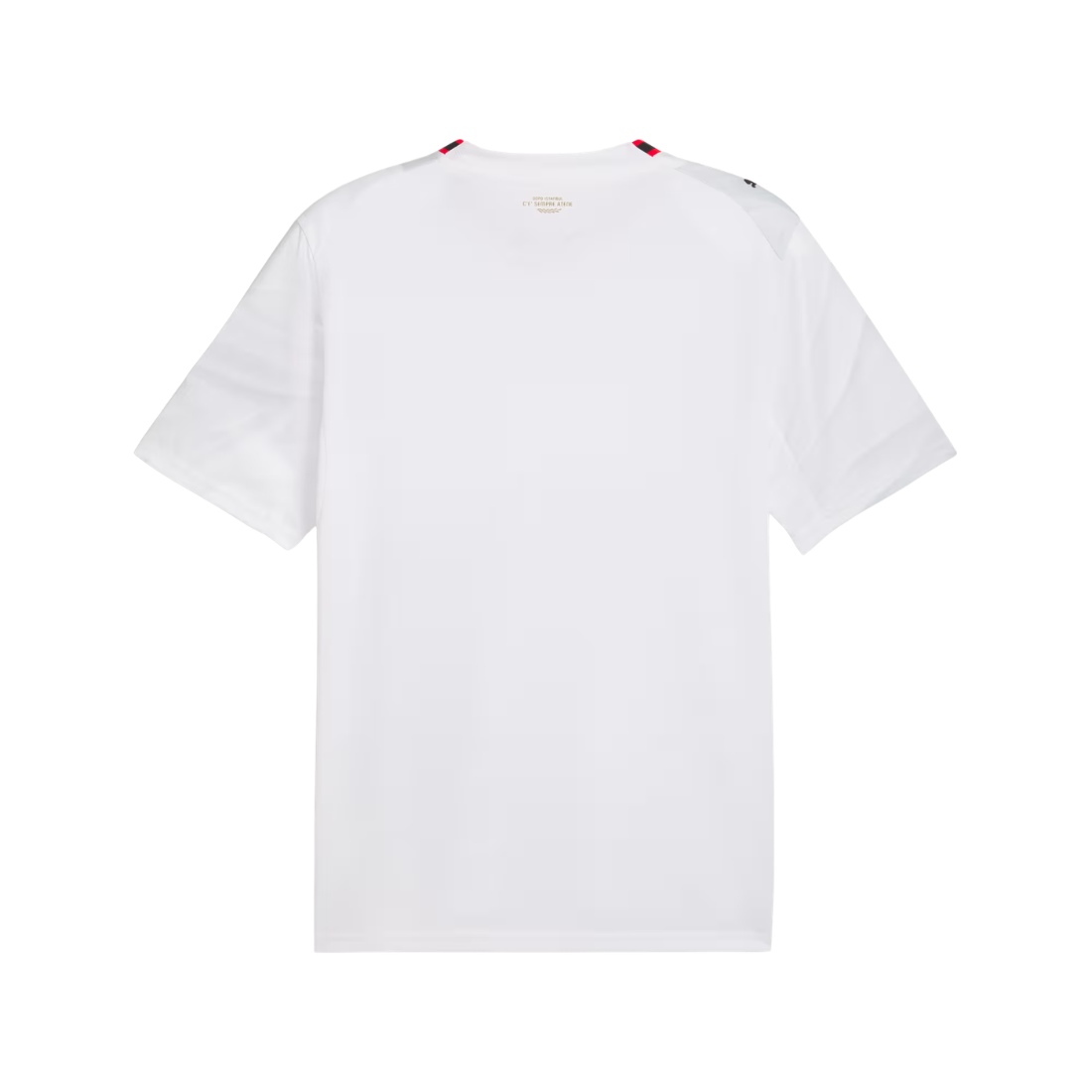 A white short-sleeve crewneck t-shirt shown from the back, featuring subtle red accents at the inner collar and a small gold logo on the upper back.