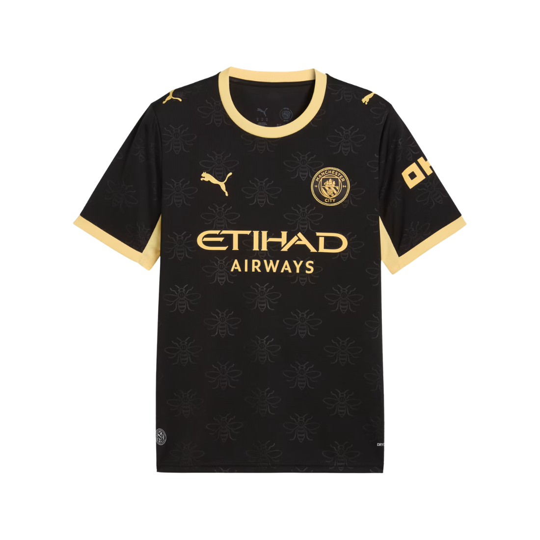 A black Puma Manchester City home soccer jersey with gold trim on the collar and cuffs, featuring the gold Puma logo, Manchester City crest, and Etihad Airways sponsor logo.