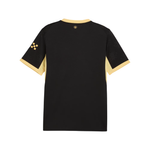 A black short-sleeve t-shirt with contrasting gold trim on the collar, sleeve cuffs, and sleeve details, shown against a plain white background.