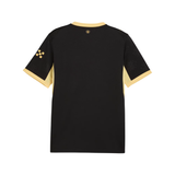A black short-sleeve t-shirt with contrasting gold trim on the collar, sleeve cuffs, and sleeve details, shown against a plain white background.