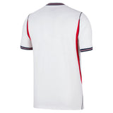 White sports jersey with red and blue accents on a white background