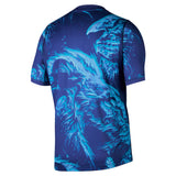 Blue t-shirt with bird pattern on a white background