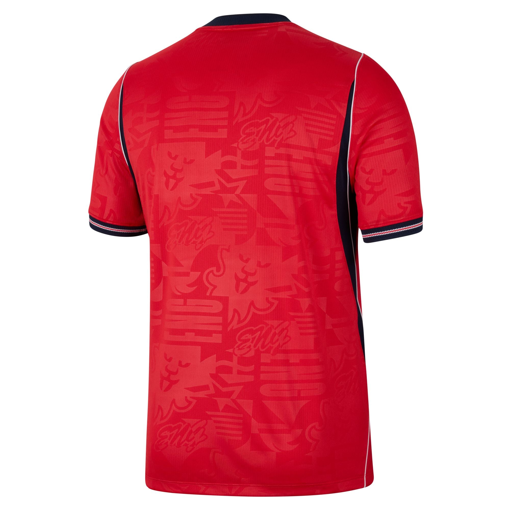 Red sports jersey with black accents on a white background