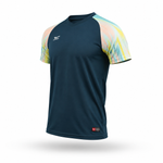 A short-sleeve athletic t-shirt in dark navy blue with a pastel multicolor abstract pattern on the shoulders and sleeves, featuring a white logo on the left chest and a small red and white logo on the lower hem.