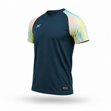 A short-sleeve athletic t-shirt in dark navy blue with a pastel multicolor abstract pattern on the shoulders and sleeves, featuring a white logo on the left chest and a small red and white logo on the lower hem.