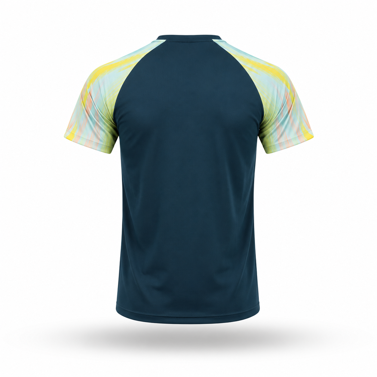 A short-sleeve athletic t-shirt shown from the back, featuring a solid dark teal body and raglan sleeves with a pastel multicolor gradient pattern.