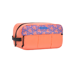 A rectangular travel pouch in coral orange with a blue geometric patterned top panel and black zipper details, shown on a plain white background.