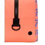 Close-up of a bright coral-orange backpack showing a black zipper with a black D-ring, a black rivet, and a side panel with a blue and white graphic pattern.