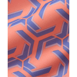 A close-up of a textured fabric with a geometric pattern in coral orange and blue.