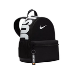 A black Nike backpack featuring a large white 'JUST DO IT' graphic on the side, a white Nike swoosh on the front, and a black mesh side pocket with a hanging keychain tag.