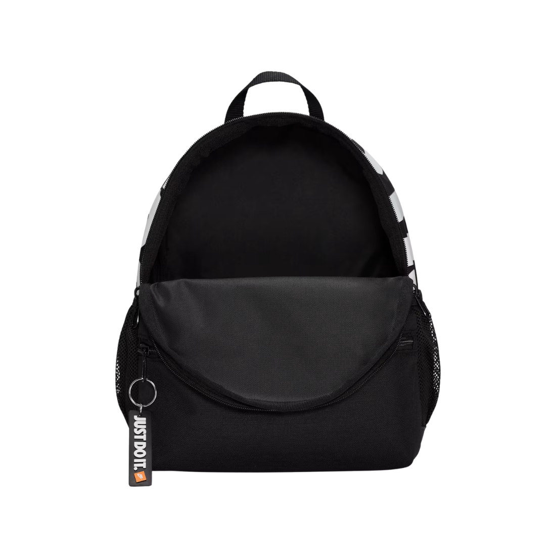 A black backpack with a front slip pocket, side mesh pockets, and a black handle, shown against a plain white background. A black keychain tag with the brand name 'JUSTDOIT' is attached on the left side.