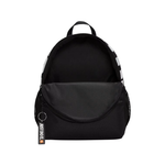 A black backpack with a front slip pocket, side mesh pockets, and a black handle, shown against a plain white background. A black keychain tag with the brand name 'JUSTDOIT' is attached on the left side.