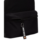 Close-up of a black fabric backpack or bag with a front zip pocket and a hanging black keychain-style tag that reads JUST DO IT.